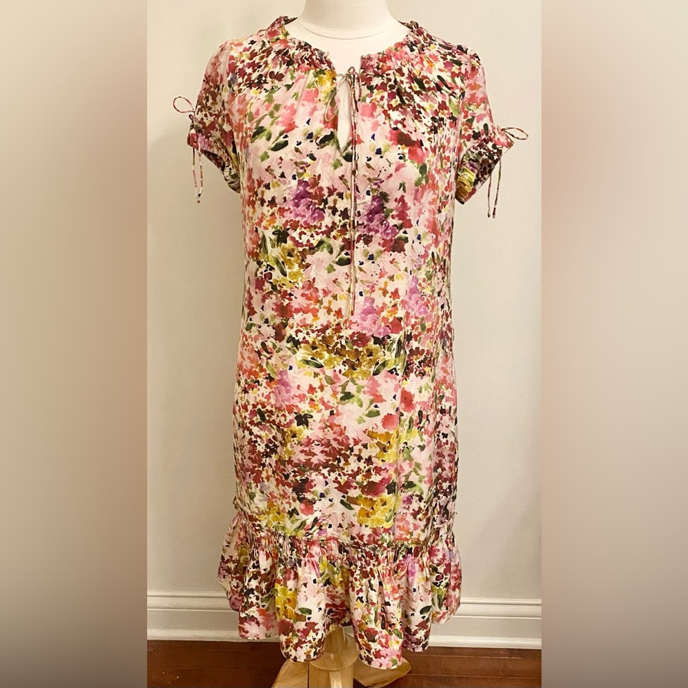 Seventy Pink Green Floral M Romantic Cottagecore Elegant 100% Silk Tiered Dress